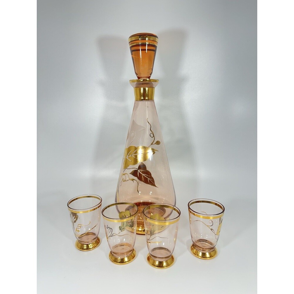 VTG Amber Crystal Decanter Set Gold Gilt Floral 4 Shot Glasses Bohemian MCM